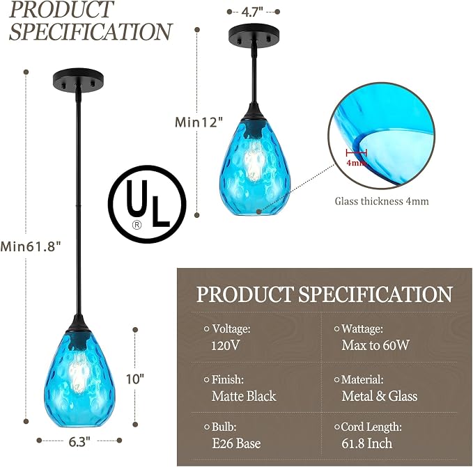 Glass Pendant Lights Kitchen Island, 1-Light Modern Black Pendant Light Fixtures with Blue Hammered Glass and Rods, Small Hanging Light for Kitchen Sink Dining Room Bathroom