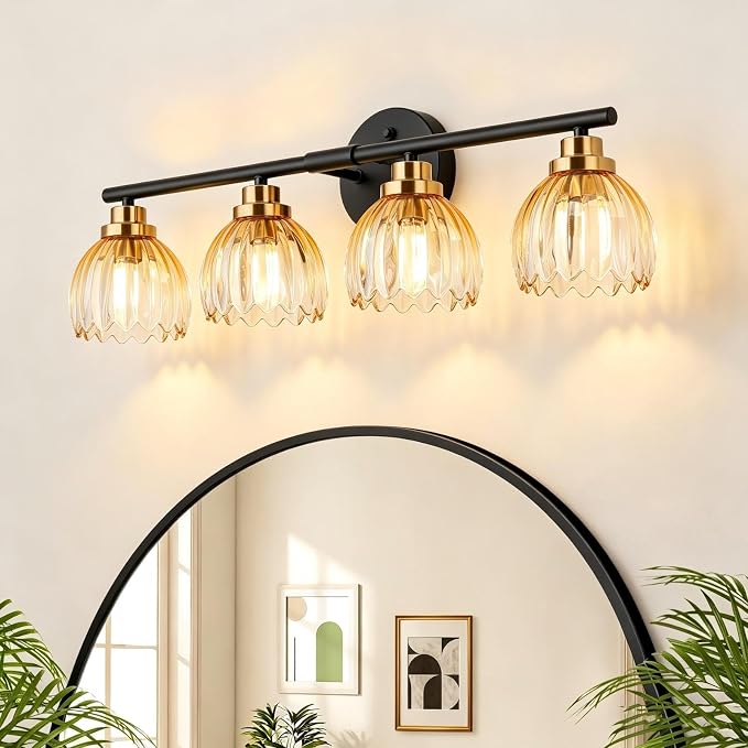 TALOYA Black Gold 4-Light Bathroom Vanity Light with Amber Tulip GlassShade | Modern Vanity Lighting Fixtures, Bathroom Lights Over Mirror, Wall Mount Mirror Light Fixtures for Bathroom Hallway Bedroom