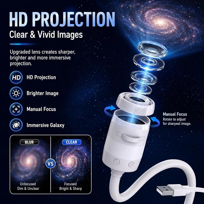 Galaxy Star Night Light Projector, 2-in-1 USB Multicolor LED Night Light, with 13 Projector Films, Portable 360° Adustable Brightness Control for Kids Adults Bedroom Home Ceiling Car Decor Gift