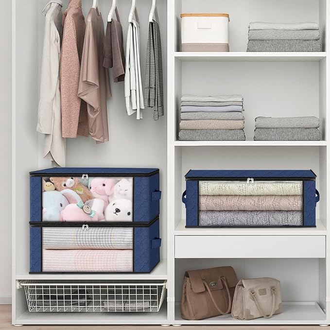 HomeHacks 3-Pack Clothes Organizer Storage Bags, 35L Storage Bins, Blue | Foldable Storage Box Container with Zippers, Clear Window, Reinforced Handles for Closet, Dorm, Pillows, Bedding, Sweater