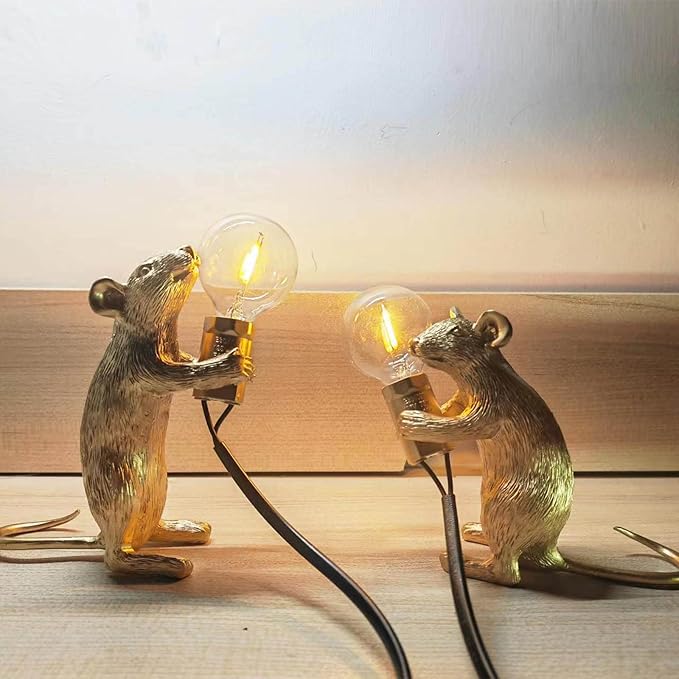 Modern Cute Art Mouse Table Lamp Children's Bedside Gift Mini Mouse Lamp LED Resin Animal Small Mice Desk Lights (Gold Sitting)
