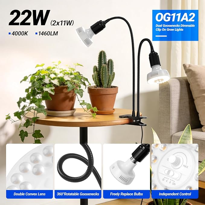 Barrina Orbgrow OG11A2 Clip On Grow Light for Indoor Plants, 4000K 22W | Integrated Stepless Dimming & Timing, Full Spectrum, High PPFD, 2 Goosenecks with E26 Plant Light Bulbs