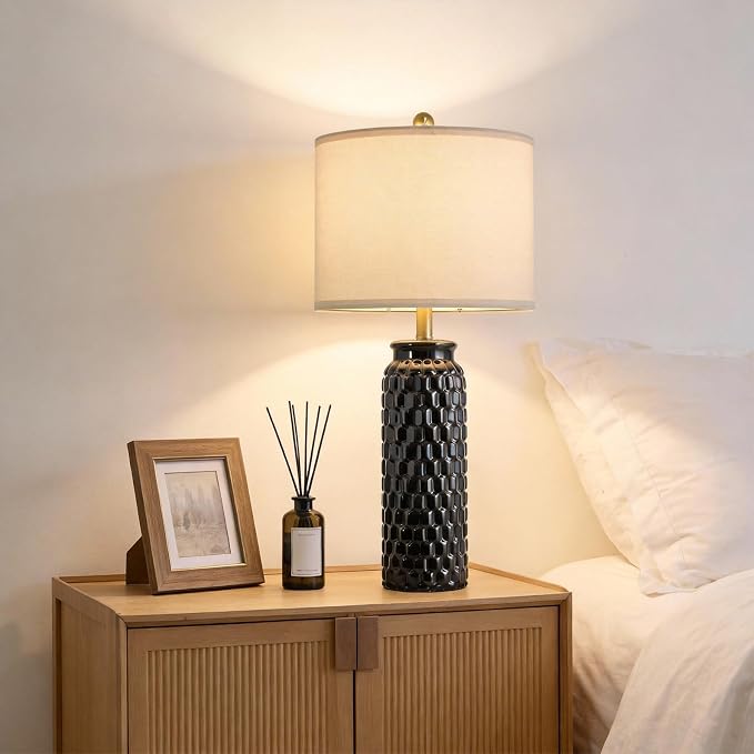 USumkky 27" Ceramic Table Lamps Set of 2 - Modern Farmhouse & Boho Style, Bedside Nightstand Lamps for Bedroom, Living Room End Table Lamps, Small Desk Lamp(Black)