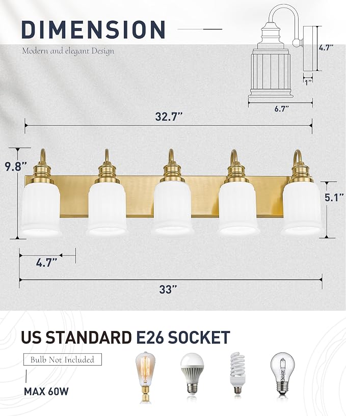 HWH INVESTMENT 5-Light Bathroom Vanity Light, Brushed Gold, 5HZG106B-5W BG | 33-Inch Hardwired Wall Light with Frosted Bell-Shaped Glass; 5 E26 Bulbs, Max 60W Each; Reversible Up or Down Mount