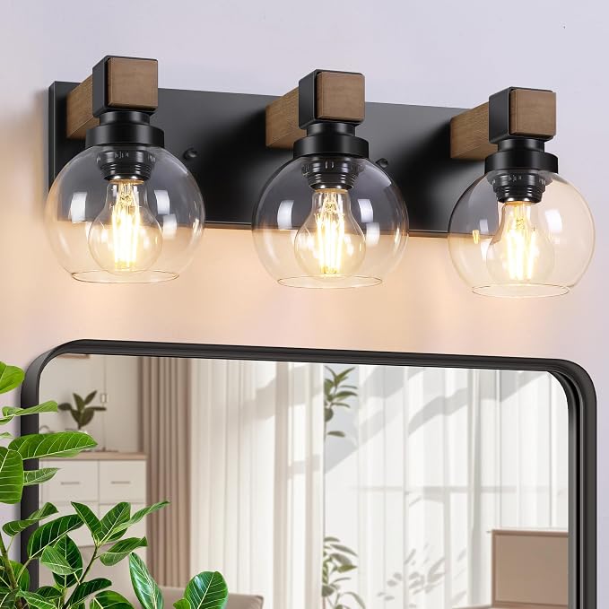 Farmhouse Bathroom Light Fixtures, 3-Light Rustic Wood Bathroom Lights Over Mirror with Glass Globe Shades, Matte Black Wall Mounted Lamp Vanity Lights for Bathroom Bedroom Living Room Cabinet