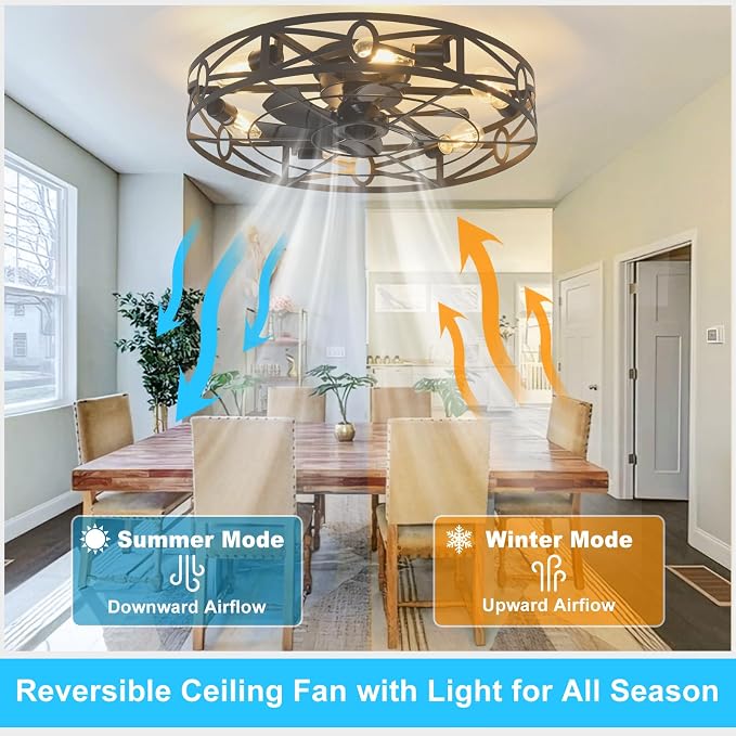 Depuley Flush Mount Ceiling Fan: 24" Caged Ceiling Fans with Remote Control for Patio Kitchen Bedroom - Low Profile Fandelier Lights Fixture Reversible 6 Speed Timer Black 6*E26 Bulb Not Included