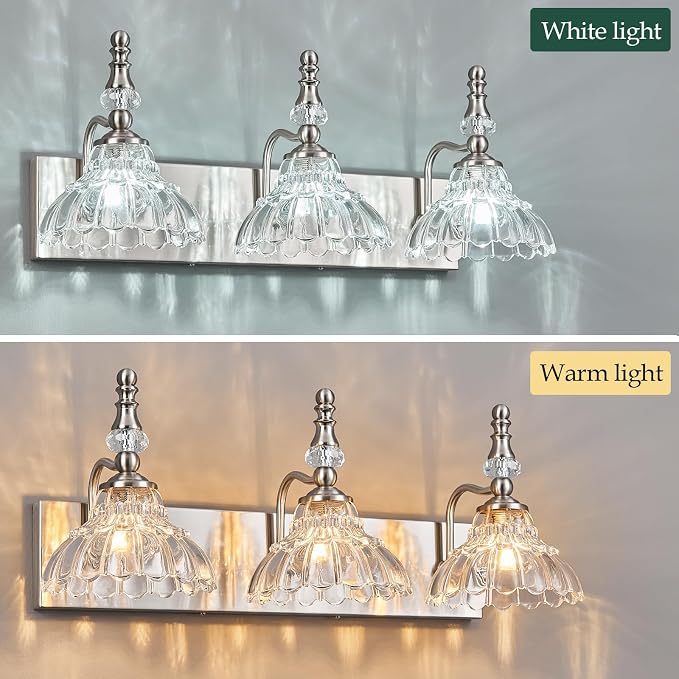 Vintage Bathroom Vanity Light, 3-Light Brushed Nickel Vanity Lighting Fixture with Flower Glass Shade, Bathroom Lighting Fixtures Over Mirror