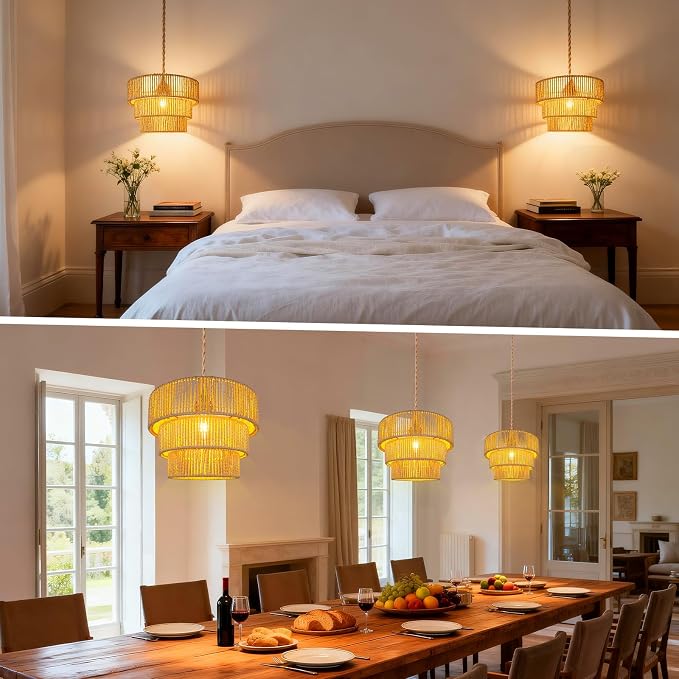 Hanging Light Ceiling Lamp Pendant Lights Rattan Hanging Lamp with Plug in Cord for Living Room Bedroom Kitchen Indoor Hanging Lamp Plug in Woven Lampshade