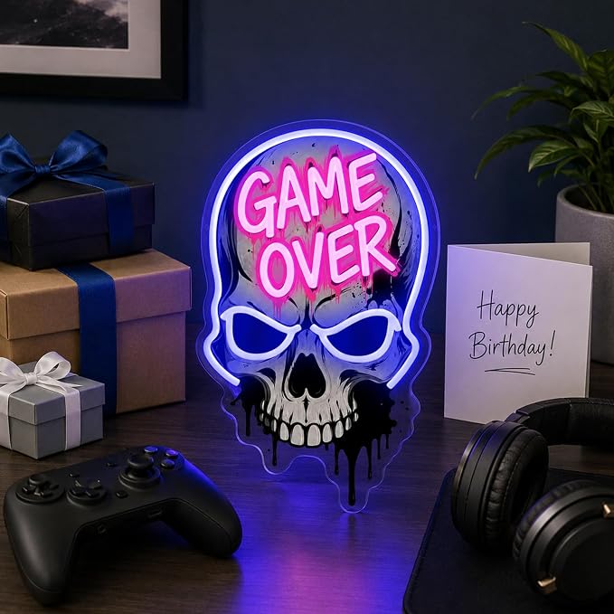 Game Over Skull Neon Sign LED Neon Light USB Dimmable Gaming Room Decor