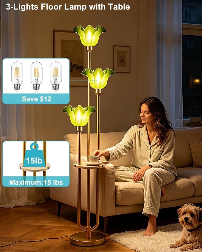Green Flower Floor Lamp for Living Room, Mid Century Modern Floor Lamp Dimmable with Shelf & LED Bulbs, 3 Light Warmwhite Gold Tall Standing Lamp for Bedroom Girls Room Home Decor