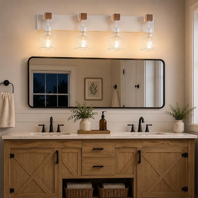 Farmhouse Vanity Light Fixture,4-Light Bathroom Lighting,White Modern Wood Wall Light Over Mirror with Metal Shade,LED Bulbs Not Included