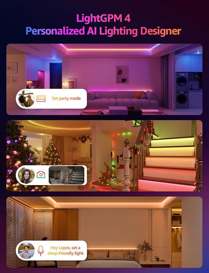 Lepro S2 AI Smart LED Strip Lights 32.8FT RGB+CCT WiFi Bluetooth for Room | 2700K-5700K tunable white,AI lighting designer,Rainbow chasing effects,Music sync,Color segment control,Smart scenes,Bedroom