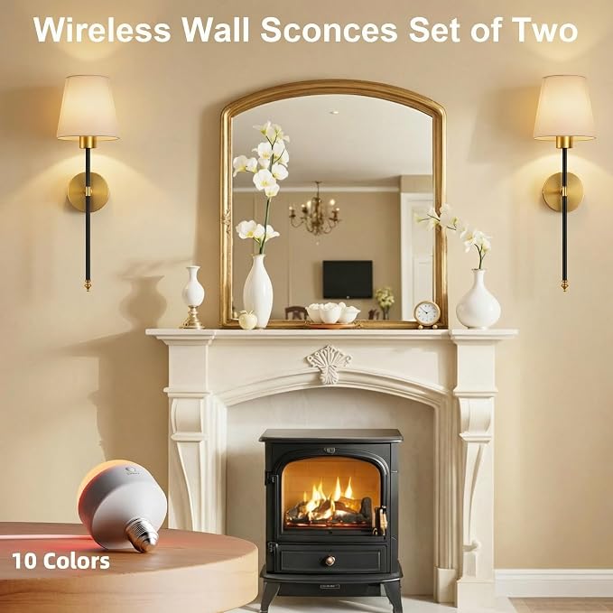 IRONPAX Wall Sconces Battery Operated Set of 2, Wireless Rechargeable Wall Sconce Set of Two, Dimmable Wall Lights with Remote for Bedroom Living Room Hallway Decor (Black-Gold, Fabric Shade)