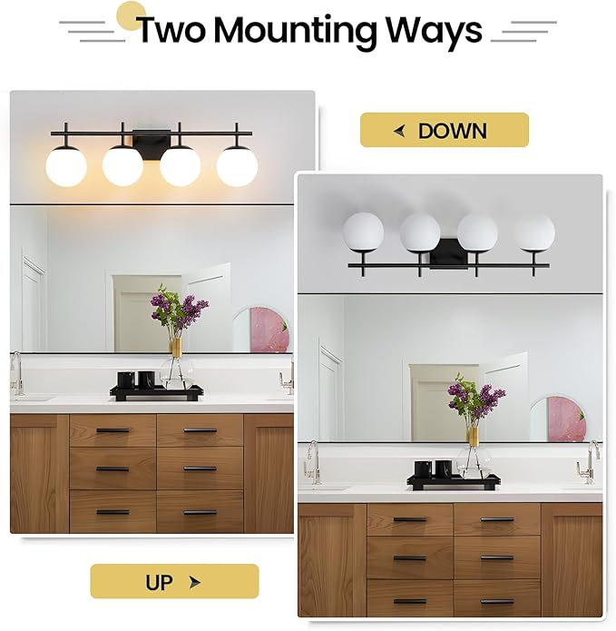 Bathroom Lighting Fixtures Over Mirror, 4-Light Matte Black Vanity Light, 30.7 Inch Modern Bathroom Light Fixtures with Milky White Glass Globe Shade Bath Vanity Lighting Fixtures Wall Sconce