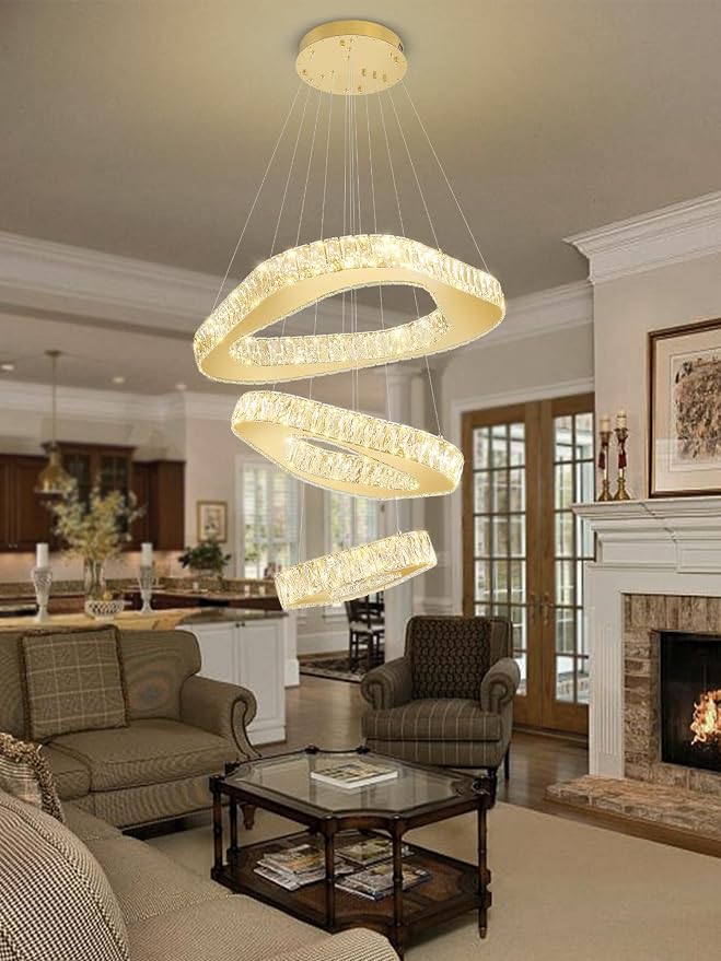 Modern Led Gold Chandelier Adjustable 3 Rings Crystal Chandelier for Living Room Foyer Stairwell Lighting High Ceiling Light Dimmable 2700K-6000K