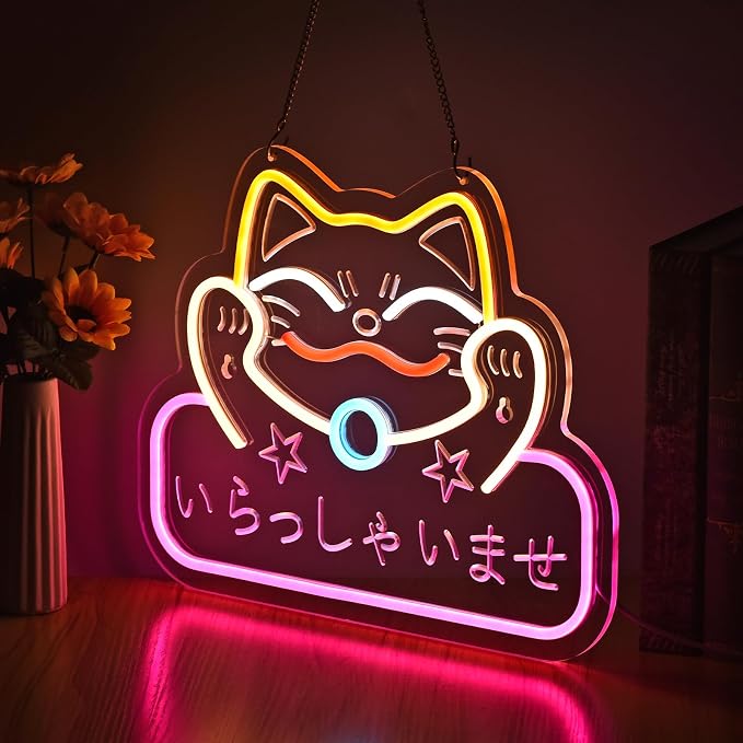 Japanese Welcome Neon Sign Fortune Cat Wall Decor Dimmable Led Neon Lights Japanese Style いらっしゃいませ Neon Billboard for Restaurant Shop Store Window USB Powered 16.1" x 12.6"