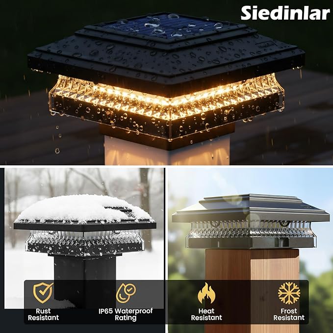 SIEDiNLAR Solar Post Cap Lights, 6 Pack 2 Modes 50 Lumens, 4x4 5x5 Wooden/Vinyl Posts Waterproof Outdoor Lighting for Deck Fence Patio, White/Warm (Black)