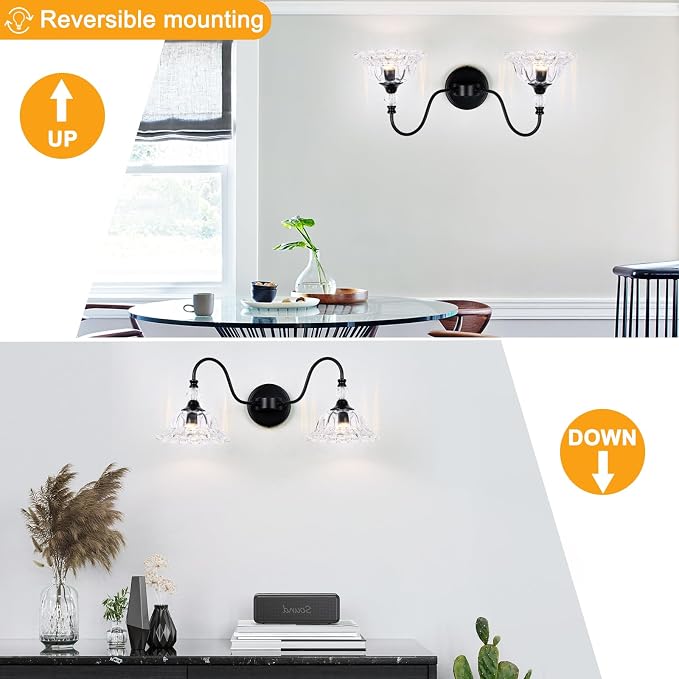 Farmhouse Bathroom Vanity Light Fixtures 2 Lights Matte Black Vanity Lights for Bathroom with Floral Crystal Glass Shade Wall Lighting Fixtures Over Mirror(Exclude E26 Bulb)