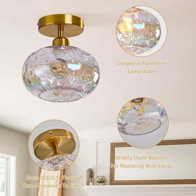 7.9″ Small Semi Flush Mount Ceiling Light ,Rainbow Hallway Light Fixtures | Art Deco Stained Hammered Glass,Whimsical,Vintage Gold Mid Century Lighting for Closet Cottage Entryway Laundry Room Foyer