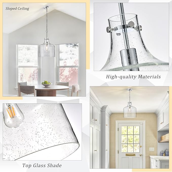 12" Chrome Seeded Glass Pendant Light, Modern Farmhouse Hanging Ceiling Light Fixture for Kitchen Island, Dining Room, Hallway, Hand-Blown Bubble Glass Shade, E26 Dimmable Pendant Lighting