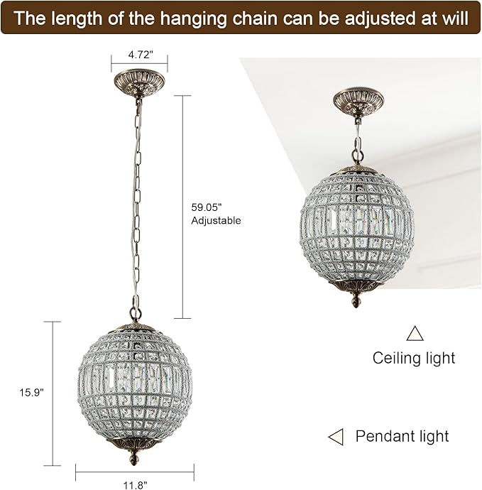 Crystal Globe Chandelier, 12" Vintage Sphere Chandelier Crystal Pendant Light Fixture for Dining Room Foyer Entryway Kitchen Island Antique Brass