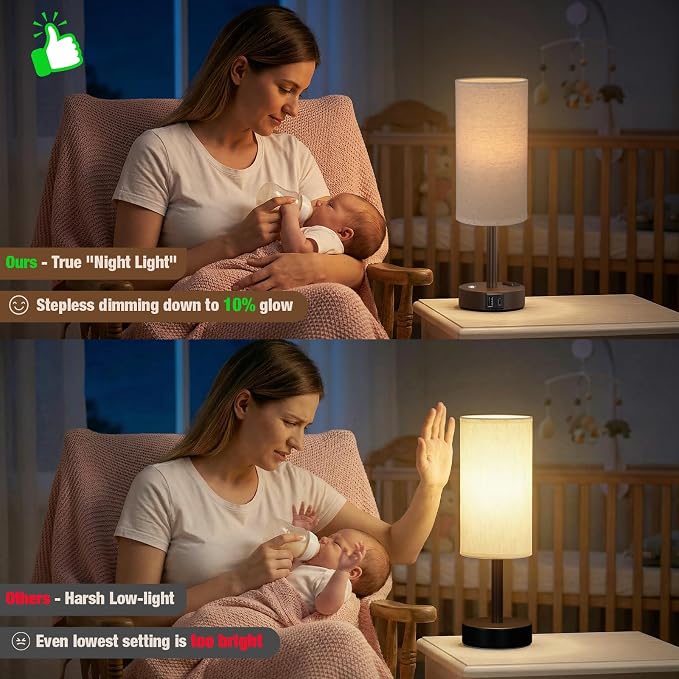 Brown Touch Bedside Lamp for Bedroom, Stepless Dimmable, USB A+C, AC Outlet | Base Touch Button Only, Memory Brightness, Ultra-dim Night Light, Included Bulb for Optimal Dimming, Beige Fabric Shade, Desk