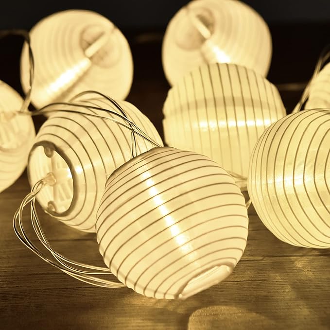 RJZZ Lantern String Lights White Lantern Lights 9.4Ft Nylon Lanterns with Lights Battery Operated 10 Count String Lights Indoor Outdoor Hanging Lights for Bedroom, Nursery, Patio, Party, Wedding