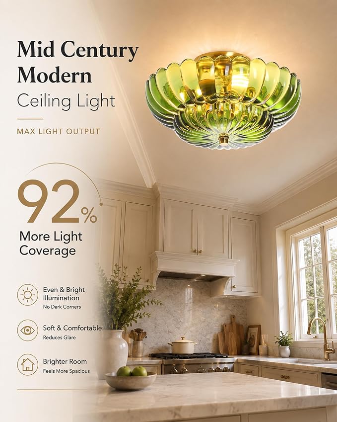 Semi Flush Mount Ceiling Light Fixture 14" Vinatge Gold Ceiling Lights Mid Century Modern Green Glass Close to Ceiling Lighting Fixtures for Bedroom Hallway Kitchen Laundry Room Bathroom