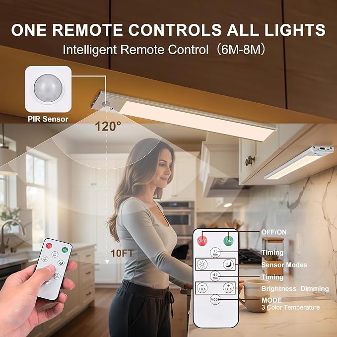 12 inch Under Cabinet Lighting 4 Pack, Wireless Motion Sensor LED Closet Light with Remote, USB-C Rechargeable, 3 Color Temperatures, Magnetic Mount for Kitchen Pantry Wardrobe Counter