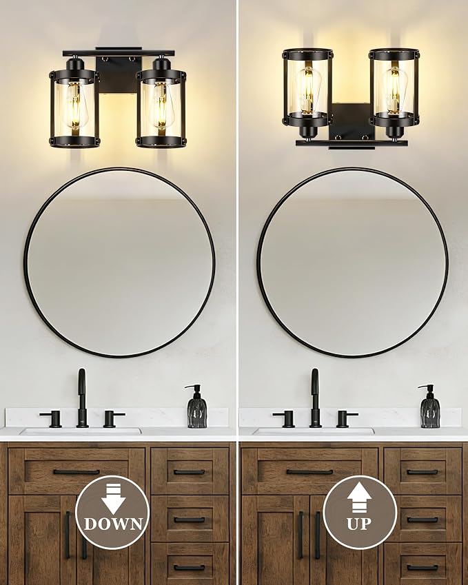2-Light Black Bathroom Light Fixtures, 13.8 Inch Modern Bathroom Vanity Lighting Fixtures Over Mirror with Clear Glass and Metal Cage Wall Sconce Lights for Bath, E26, OS-3014BK-2W