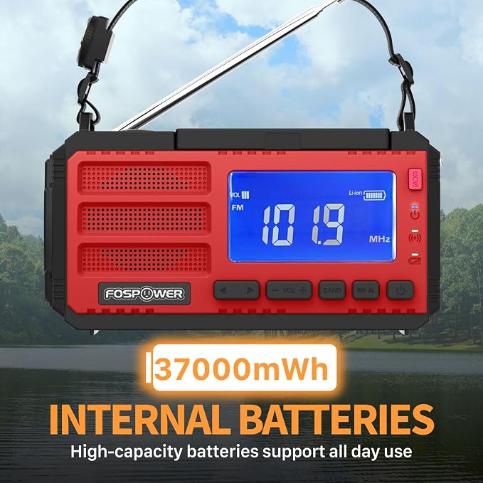 FosPower NOAA Emergency Weather Radio D8 37000mWh Portable Power Bank, AM/FM, USB/Solar/Hand Crank Charging, SOS Alarm & Flashlight for Indoor/Outdoor Emergency - Red