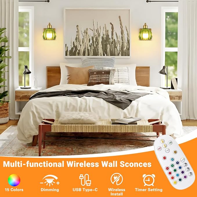 Rechargeable Battery Operated Wall Sconce Set of 2, Wireless Battery Powered Gold Wall Lamps with Green Tulip Glass, Vintage Dimmable Wall Lights with Remote Control for Bedroom Living Room