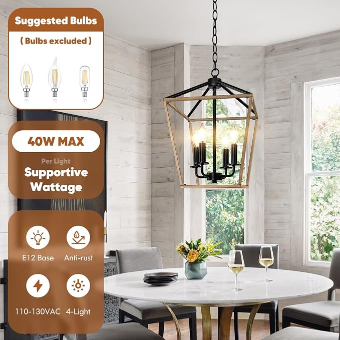 Wood Farmhouse Chandelier, 4-Light Foyer Lighting Fixtures for Dining Room | Industrial Kitchen Lantern chandelier Over Table, Pendant Island Ceiling Light for Entryway, Metal Cage Adjustable Height