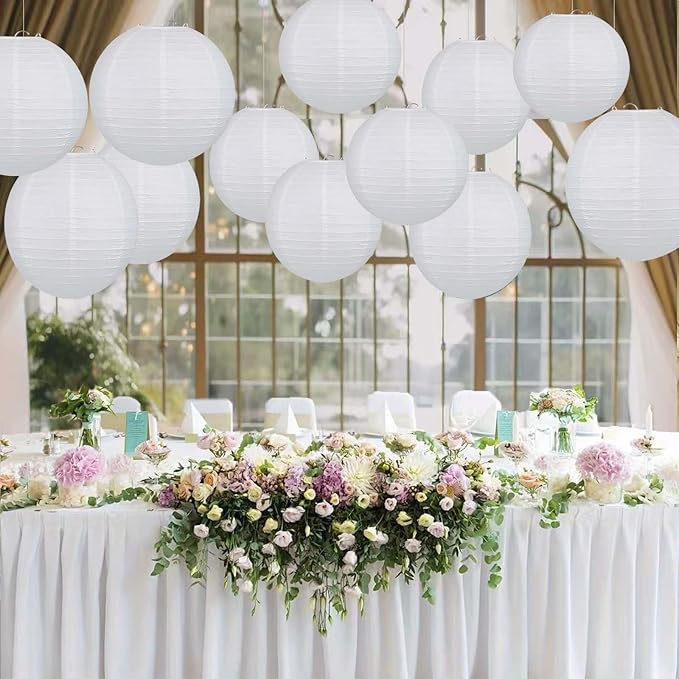 White Paper Lanterns Set (12Pcs) Round Hanging Paper Lanterns for Children's DIY Activities Wedding, Bridal, Outdoor, Garden, Home, Party Decorations