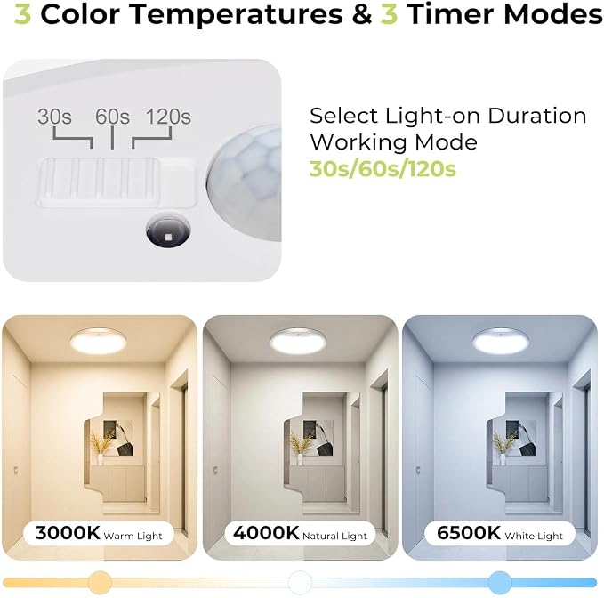 hepside 2 Pack Motion Sensor Ceiling Light Wired, 3000K/4000K/6500K LED Flush Mount Ceiling Light Fixture, 12Inch 24W Motion Sensor Light with Timer for Closet Stair Porch Hallway Pantry,White