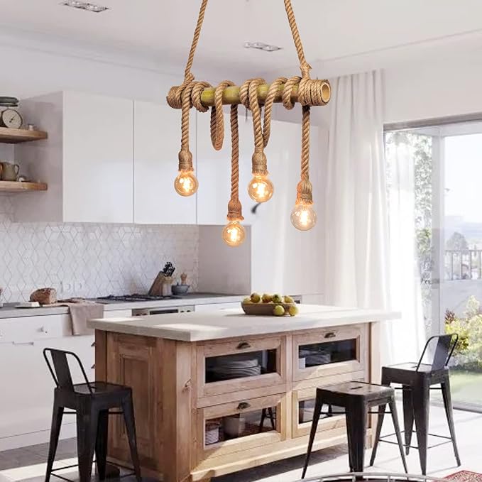 Arturesthome 4 Heads Hemp Rope Ceiling Pendant Light, Vintage Bamboo Chandeliers Decoration, Rustic Industrial Hanging Lamp for Bedroom Restaurant Cafe Bar