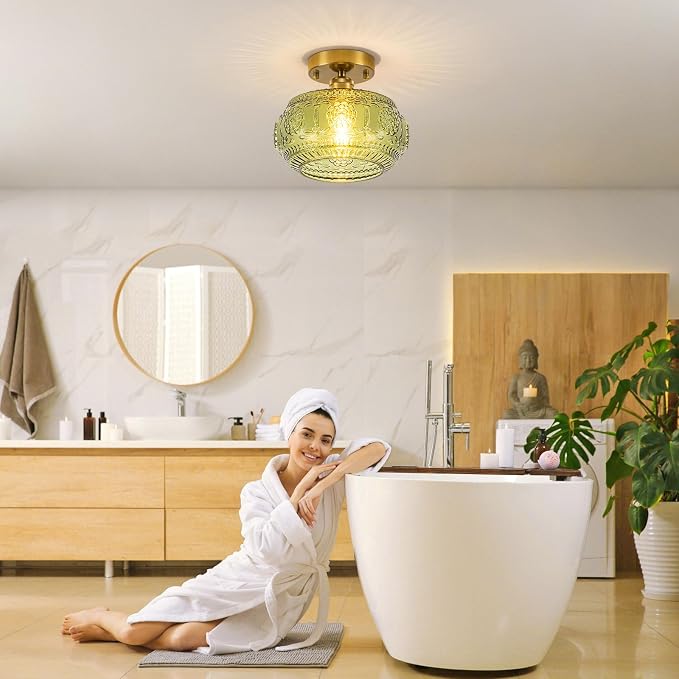 Semi Flush Mount Ceiling Light Fixture - Brass & Gold Floral Design, Green Glass Shade, Vintage Modern Lighting for Kitchen, Bathroom, Entryway (Bulb Not Included)
