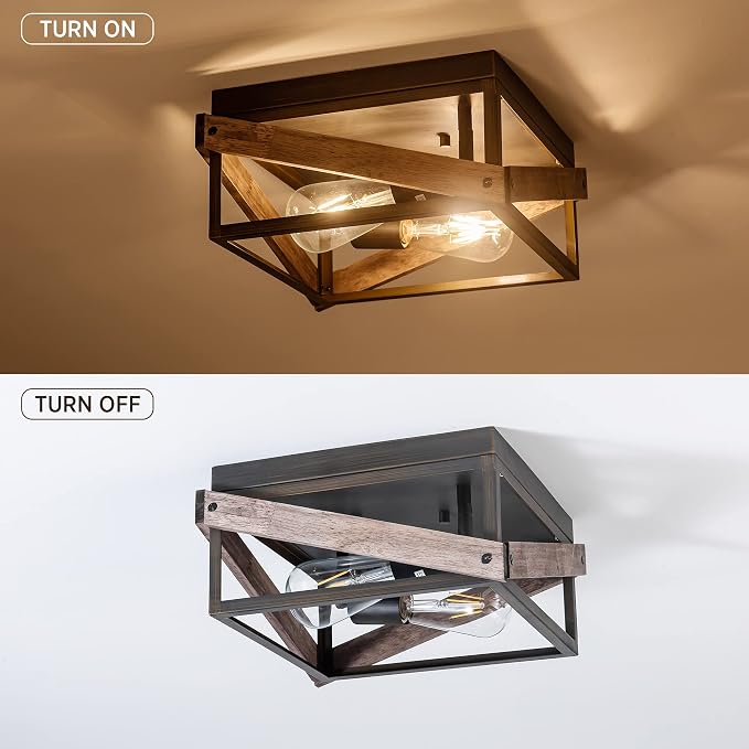 Mayful 2-Light Bronze Farmhouse Flush Mount Ceiling Light Fixturet, Rustic Hallway Light Fixtures with Wood & Metal Design, Industrial Close to Ceiling Light Fixtures for Kitchen Entryway Foyer