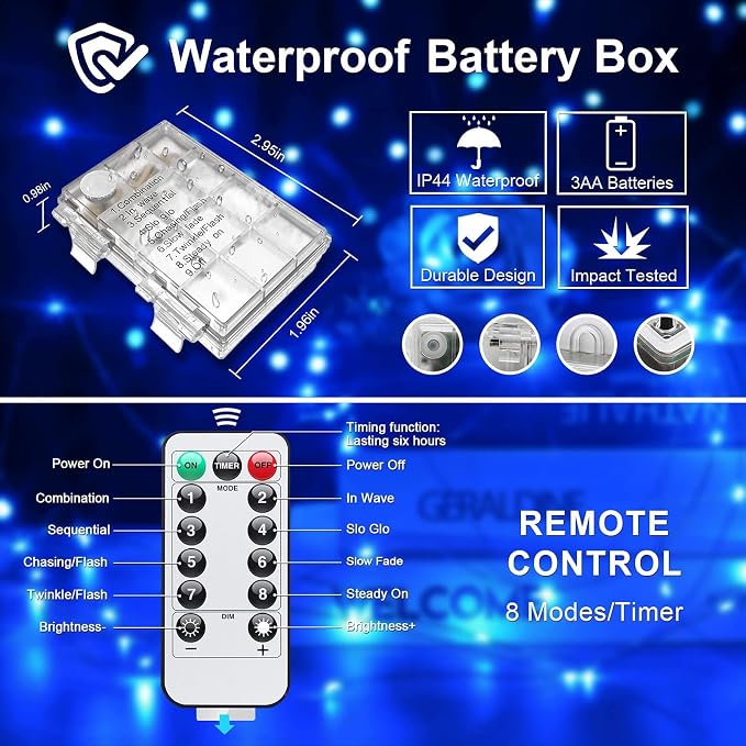 JMEXSUSS 2Pack Blue Fairy Lights Battery Operated with Remote for Christmas | Total 400 LED 132 ft, 8 Modes Twinkle String Lights for Xmas Tree Bedroom Fence Wreath Fireplace Indoor Outdoor Decorations