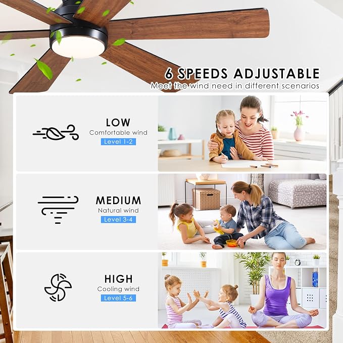 Asyko 46"Brown 6-Blade Modern Low Profile Ceiling Fan with Light and Remote | 6 Double-Sided Blades,6 Wind Speeds, Reversible,Dimmable 3 CCT LED Light, 25W Quiet DC Motor,1/2H Timer,for Bedroom Kitchen