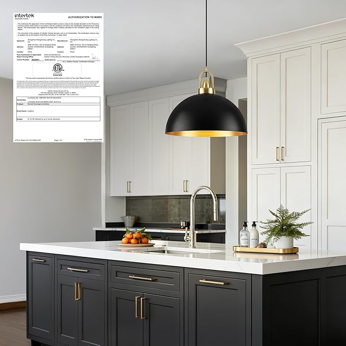 16'' Large Black Pendant Light for Kitchen Island Lighting, Modern Farmhouse Industrial Dome Hanging Ceiling Pendant Lighting Fixture for Dining Room, Bar, Living Room