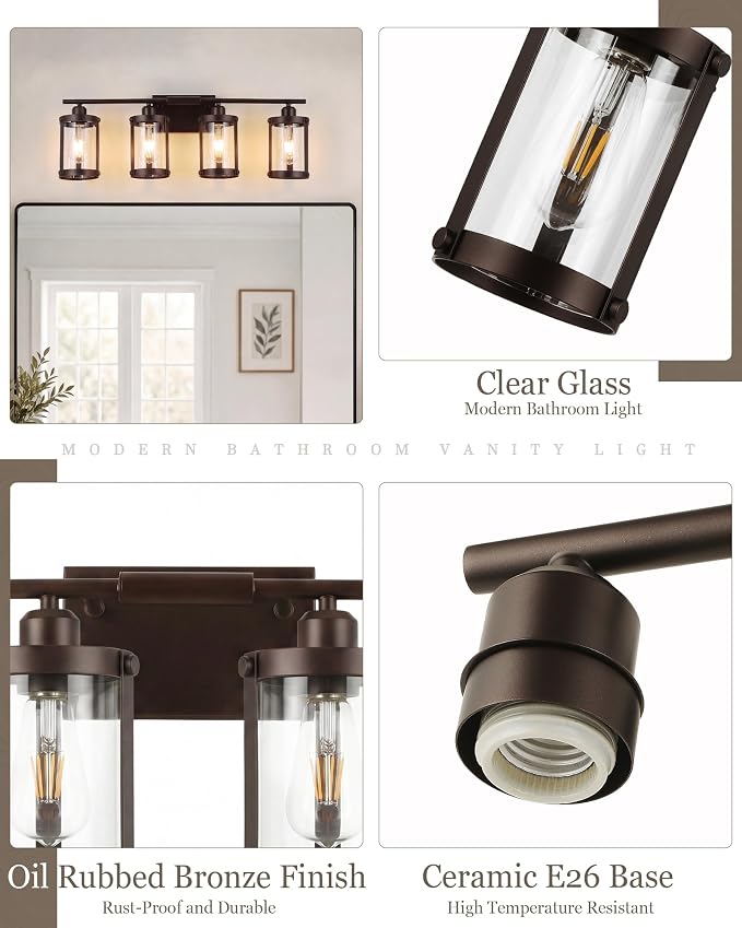 4-Light Oil Rubbed Bronze Bathroom Light Fixtures Over Mirror with Clear Glass and Metal Cage Shade, 29" UL-Listed Modern Farmhouse Wall Sconce for Bath, Hardwire E26, OS-3014ORB-4W