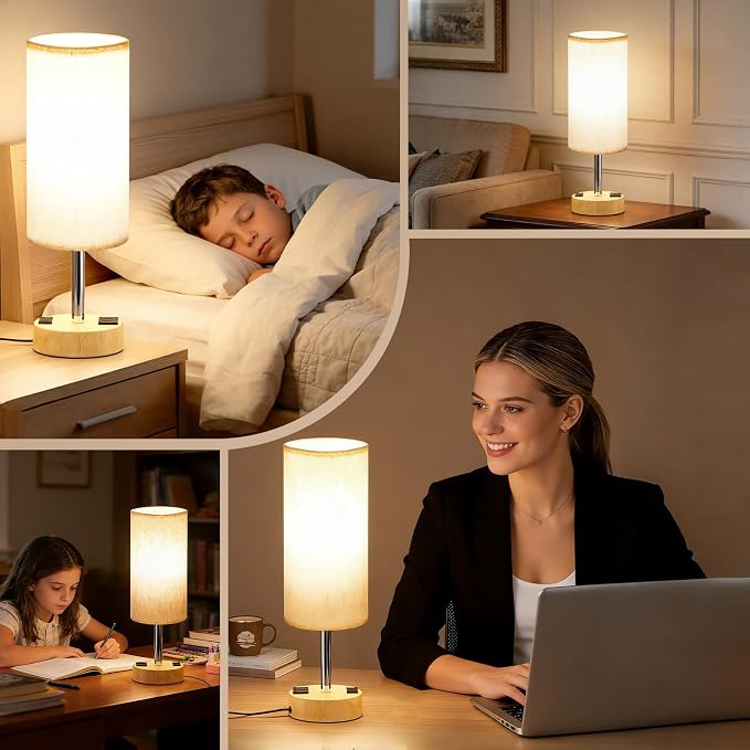 MOICO Table Lamp for Bedroom, Touch Nightstand Lamp with 10W USB Charging | 3-Way Dimmable Touch, USB-A & AC Outlet, Flicker-Free LED Bulb, 14in Fabric Shade, for Bedroom Living Room Dorm Office