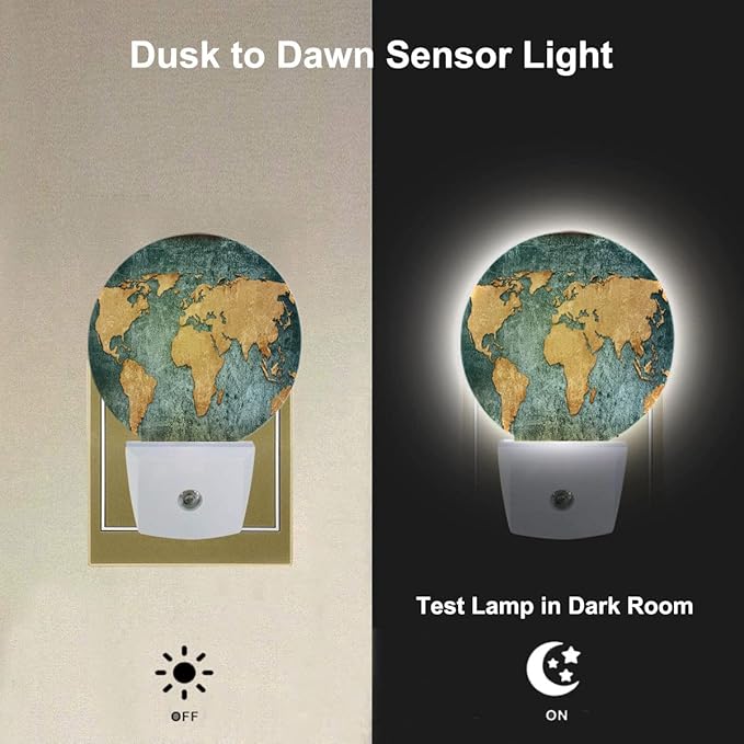 Sea Map Night Lights Plug into Wall Earth World Map Vintage LED Dusk to Dawn Plug-in Nightlight Auto Sensor for Bedroom Bathroom Hallway Living Room