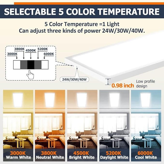 Allsmartlife 4-Pack 1x4 Led Flat Panel Light Surface Mount Ceiling Light, 5CCT 3000K/3800K/4500K/5200K/6000K Dimmable, 24W/30W/40W 4980LM Edge-Lit, Flush Mount or Drop Ceiling for Office Kitchen