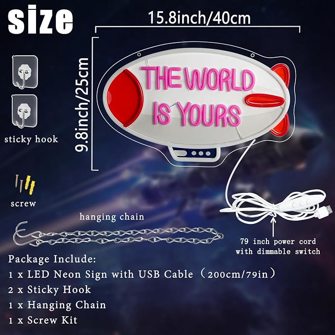 The World Is Yours Neon Sign Dimmable Blimp Neon Light for Wall Decor | USB Powered Airship Led Light Up Sign for Bedroom Game Room Man Cave Boy Teen Room Bar Birthday Party Wedding Valentines Day