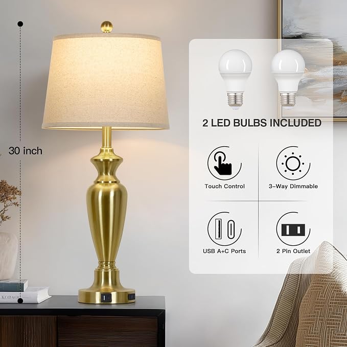 Cinyirong 30" Tall Gold Table Lamps Set of 2, Touch Control Bedside Lamp with USB A+C Ports and AC Outlet, 3-Way Dimmable Modern Metal Nightstand Lamp for Bedroom Living Room, 2 LED Bulbs Included