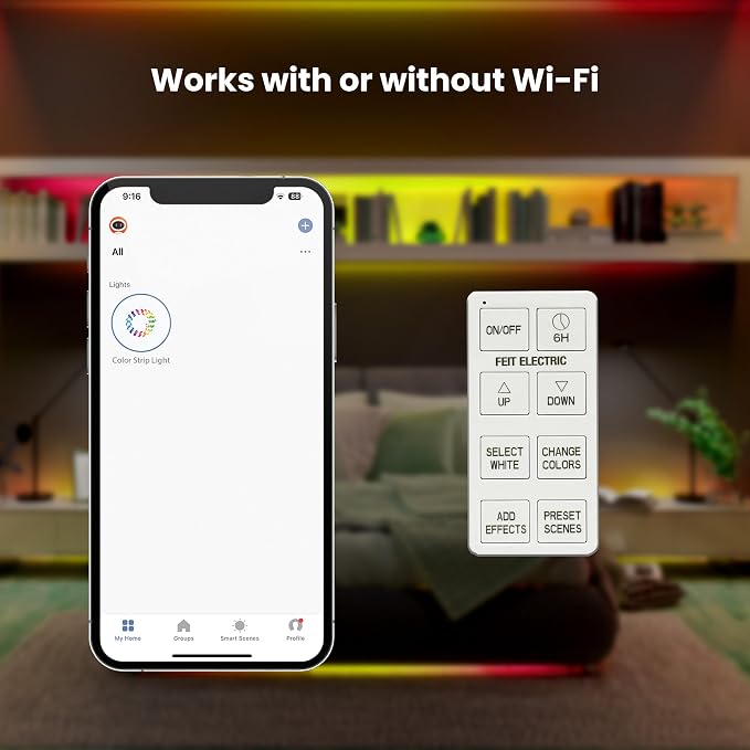 Feit Electric 10FT Smart Chasing LED Strip Light, RGB Color-Changing + Tunable White, Wi-Fi App & Remote Control, Alexa & Google Home, Linkable, Cuttable, Indoor/Outdoor, TAPE10/CHASE/AG