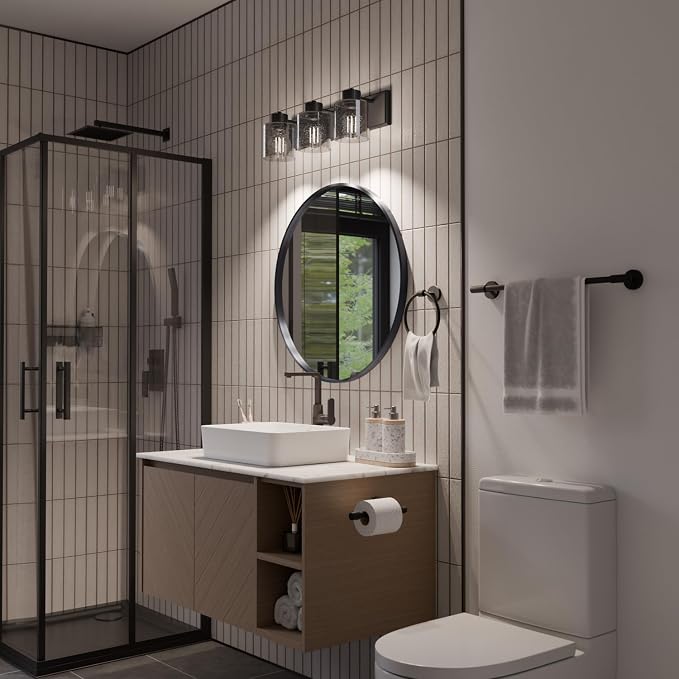 Globe Electric 4-Piece All-in-One Bathroom Set, Matte Black, 3-Light Vanity Light with Seeded Glass Shades, Towel Bar, Toilet Paper Holder, Towel Ring