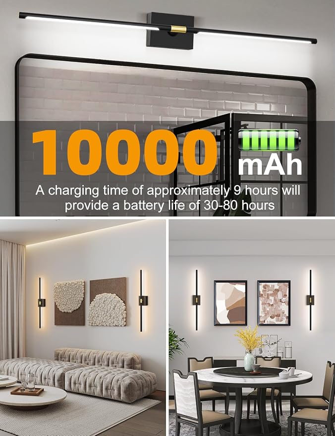Battery Operated Wall Sconces Set of 2, Wireless Rechargeable Wall Lights | 10000mAh, Remote Control, 4CCT Dimmable, 360° Rotation, Modern Home Decor for Living Room, Bedroom, Hallway, Picture Lighting